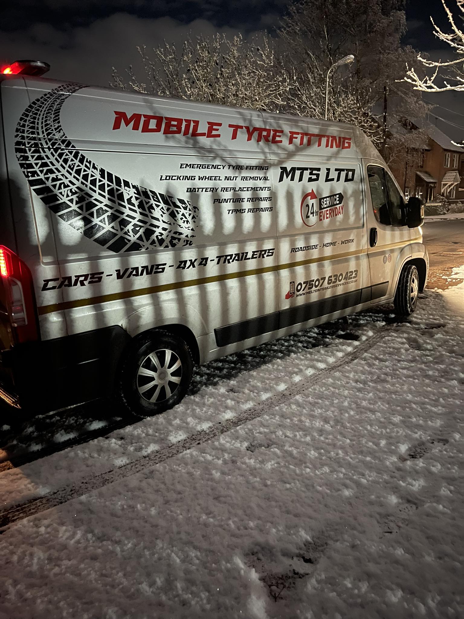Melton Tyre Services mobile tyre fitting van on a night callout